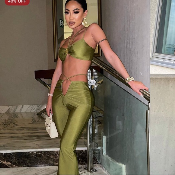 Fashion Nova Pants - Fashion Nova Olive Green Flare Pant Set